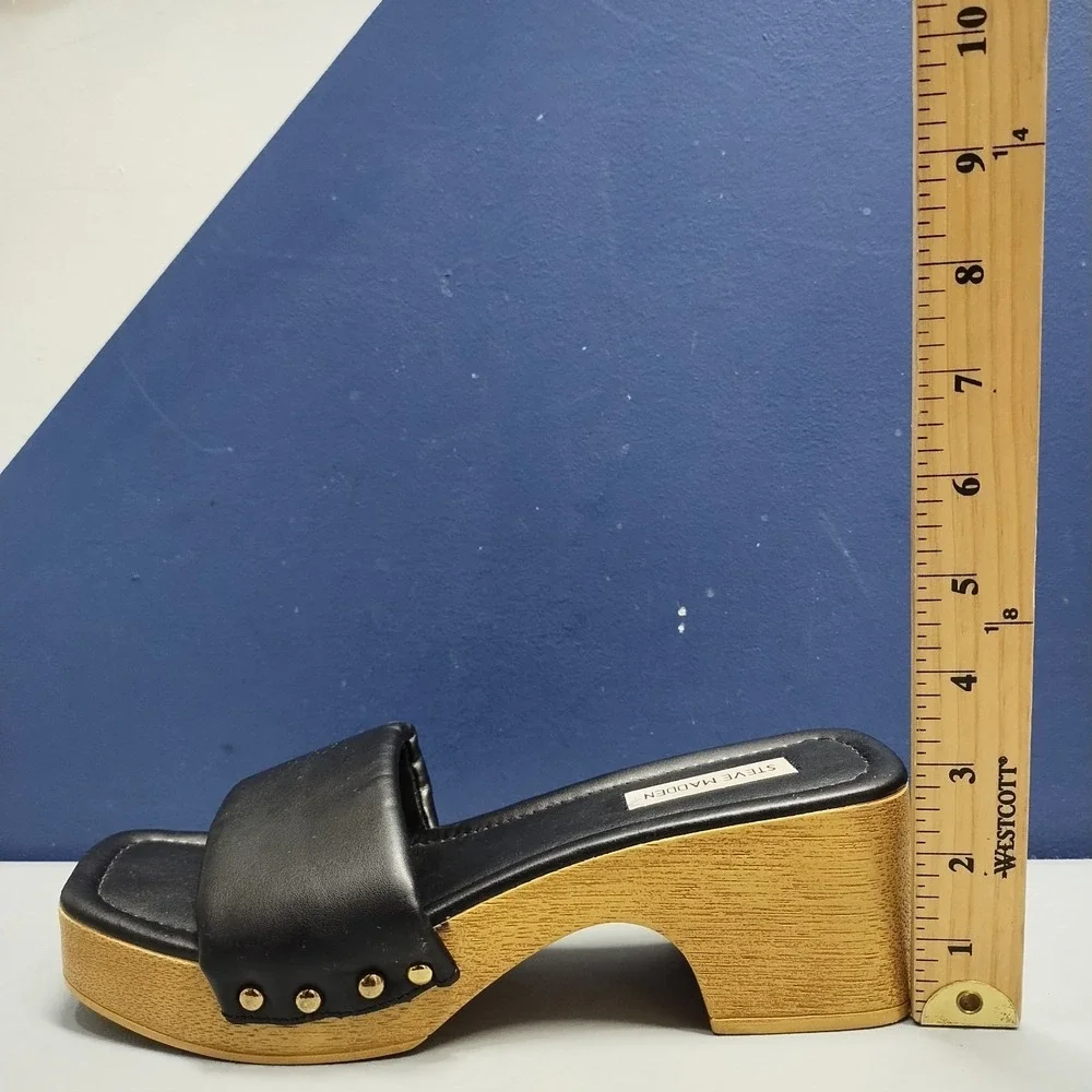 Steve Madden Chana Woody Platform Slide Sandals Womens US 9 Black Brown Open Toe